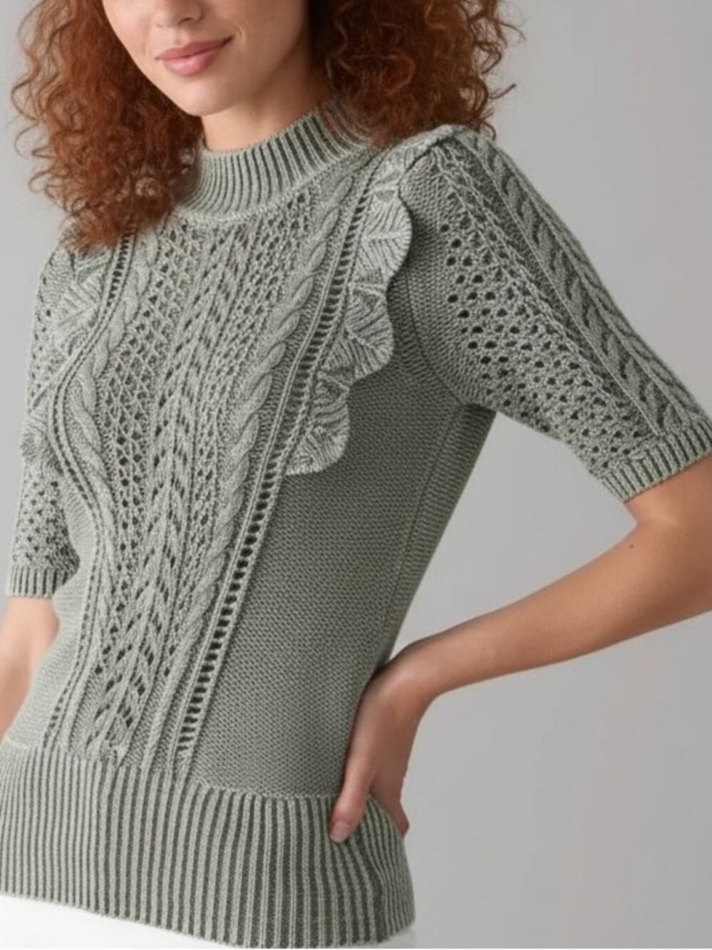 White House Black Market Stone Green Gray Cable Knit Mock Neck Sweater Small